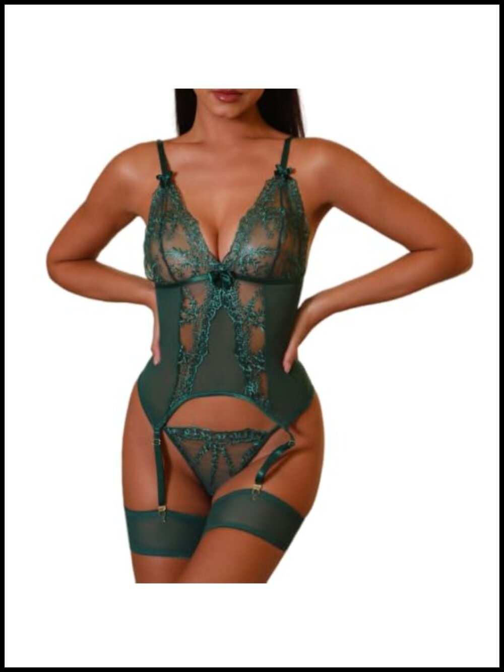 Lace Teddy Bodysuit with Garter Belt & Thong Set Adjustable 3-Piece